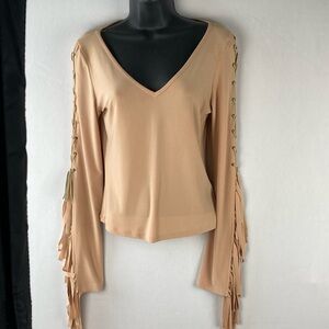 T.e.a. Large, camel color fringe shirt